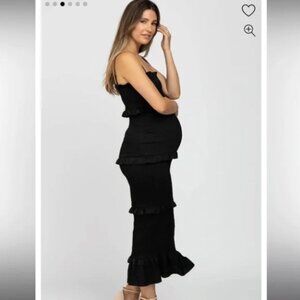 Mable x Pinkblush Black Smocked Satin Dress Tiered Spaghetti Strap Size Large